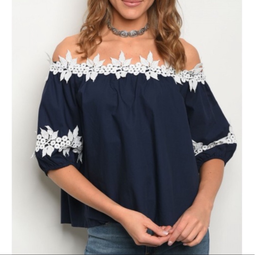 🚨Off-Shoulder Crochet Trimmed Blouse🚨
